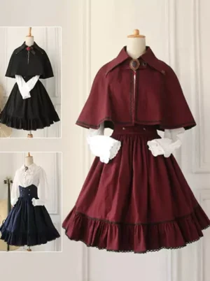 Gothic military lolita two-piece set with wine red ruffled skirt and matching capelet, front full view studio shot