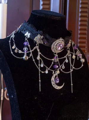 Gothic moon crystal layered lace choker with silver chains and purple gem accents, crescent moon pendant, elegant neck collar accessory for lolita fashion
