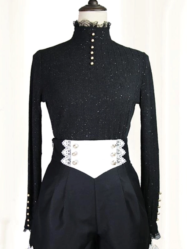 Gothic Ouji turtleneck and corset belt coordinate featuring black glitter knit with pearl button details and lace-trimmed waist piece on dress form