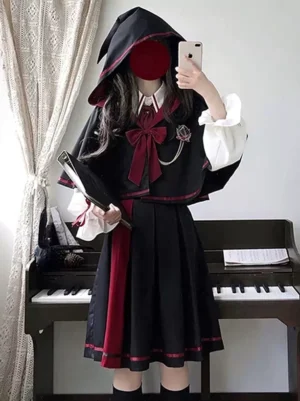 Gothic Ouji black jacquard blouse long sleeves wine-red bow tie hooded cape piano indoor scene front view