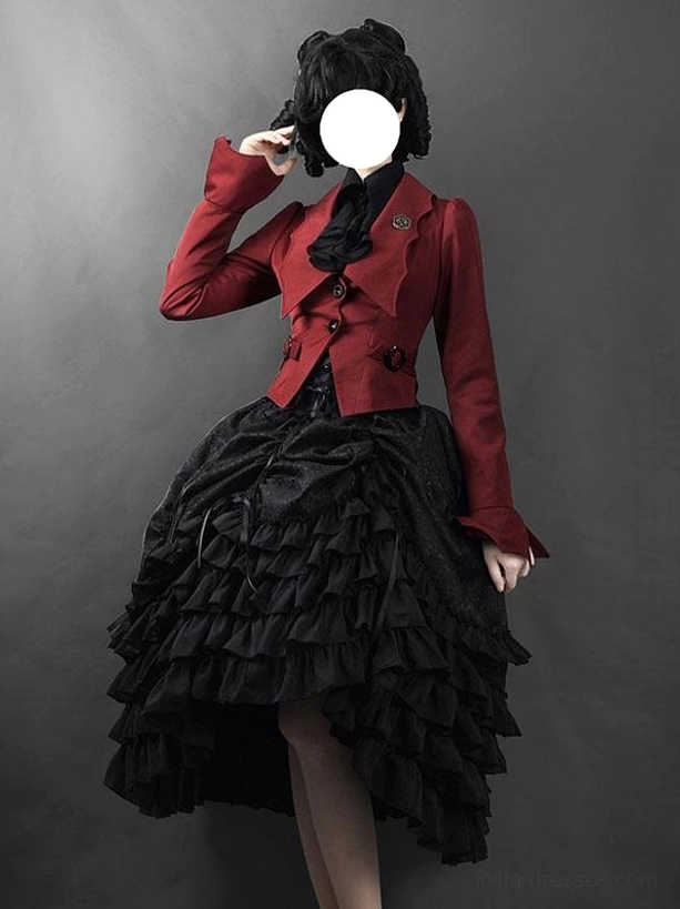 Black Gothic Ouji Lolita jacquard skirt three-quarter front view with model wearing ruffled layered hem and corset waist styling