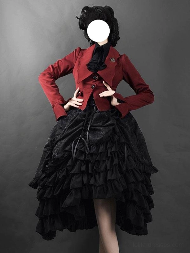 Model wearing black Gothic Ouji ruffled jacquard skirt in confident posed stance showing full silhouette and dramatic tiered hem layering