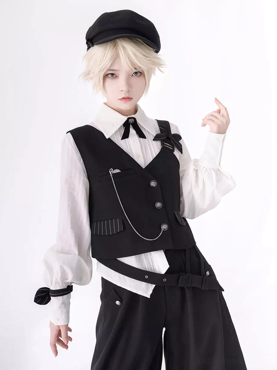 Close up front view of gothic ouji outfit showing metal chain waistcoat details bow cuffs and adjustable waist belt
