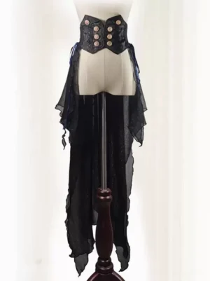 Full gothic ouji lolita corset bustle set with high-low sheer tulle train black jacquard fabric front display view on wooden stand