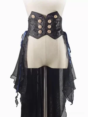 Gothic ouji lolita black jacquard corset cummerbund with tulle bustle skirt front three-quarter view on dress form displaying gold button details
