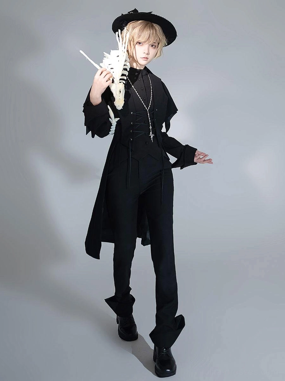 Gothic Ouji corset tailcoat outfit featuring black straight-leg pants model holding skeleton prop pointed cuffs metal details