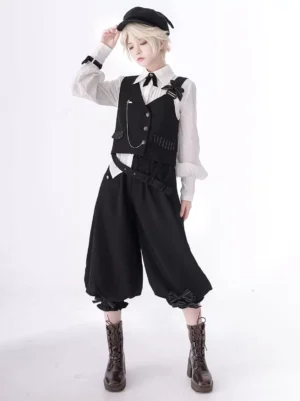 Black Ouji bloomer fashion three-quarter front pose with lace-trimmed cuffs and leather boots