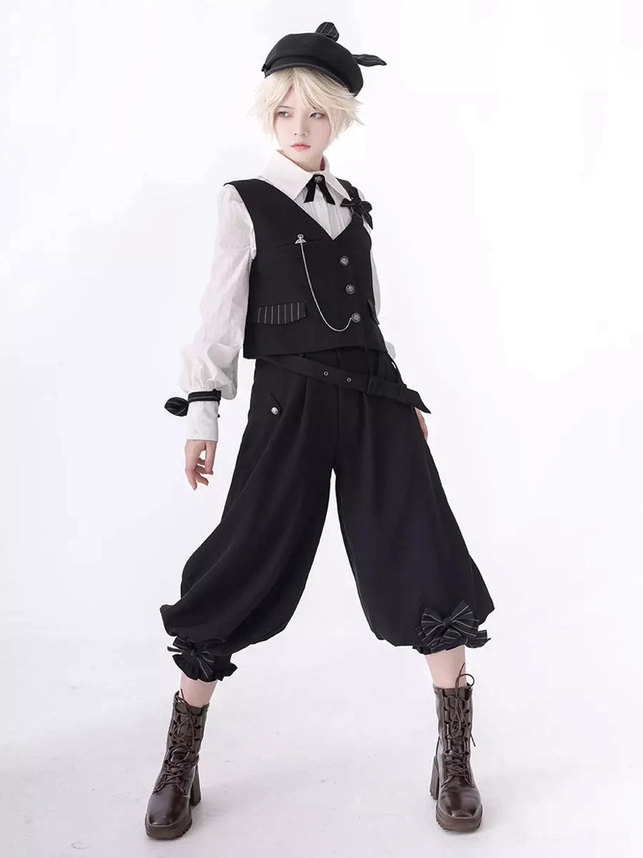 Three piece ouji fashion set with black waistcoat metal chain decorations bow tie and formal gothic lolita ensemble