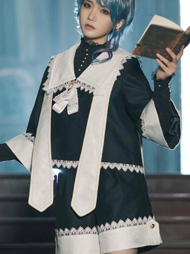Gothic Ouji Lolita black coat with sailor cape collar and lace trim details worn by blue-haired model in vintage library setting showcasing full outfit ensemble
