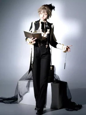 Gothic Ouji Lolita outfit full-body front standing view black suit bow necktie cross accessories