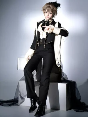Gothic Ouji Lolita formal suit set black tailcoat three-quarter front sitting angle male model cross decorations