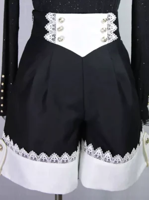 Gothic Ouji Lolita black bloomers with white lace trims and pearl button waist detail close-up front view high-waisted shorts
