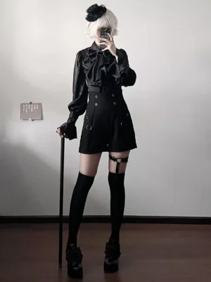 Gothic Ouji Lolita black bloomers straight-leg shorts front view full-body mirror shot with thigh-high socks garter strap and cane