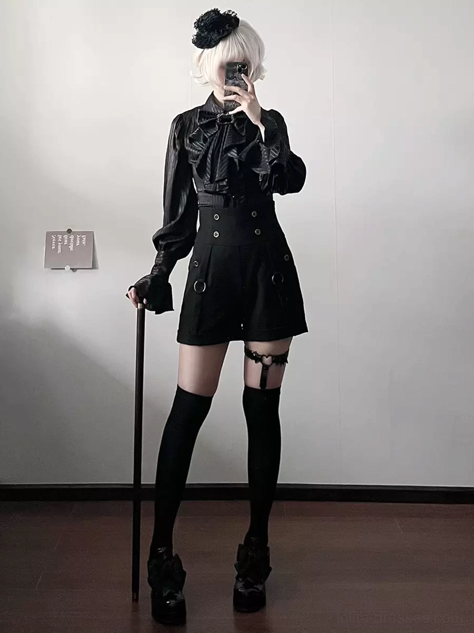 Gothic Ouji Lolita black bloomers straight-leg shorts front view full-body mirror shot with thigh-high socks garter strap and cane
