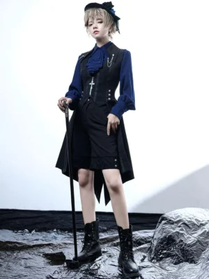 Black gothic Ouji shorts full front coordinate tailcoat combat boots dark studio setting Lolita fashion