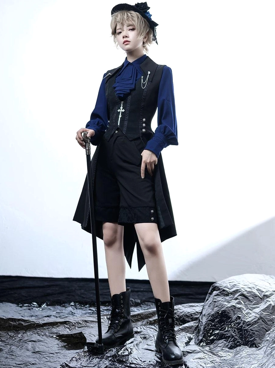 Black gothic Ouji shorts full front coordinate tailcoat combat boots dark studio setting Lolita fashion