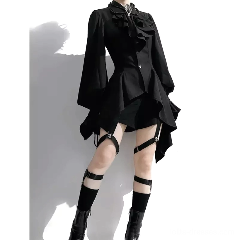 Gothic Ouji Prince black lolita shirt right side view with asymmetric hem and ruffled details on mannequin display