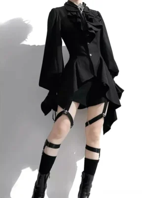 Gothic Ouji Prince black tailored lolita blouse three-quarter view with metal collar brooch button placket and structured waist