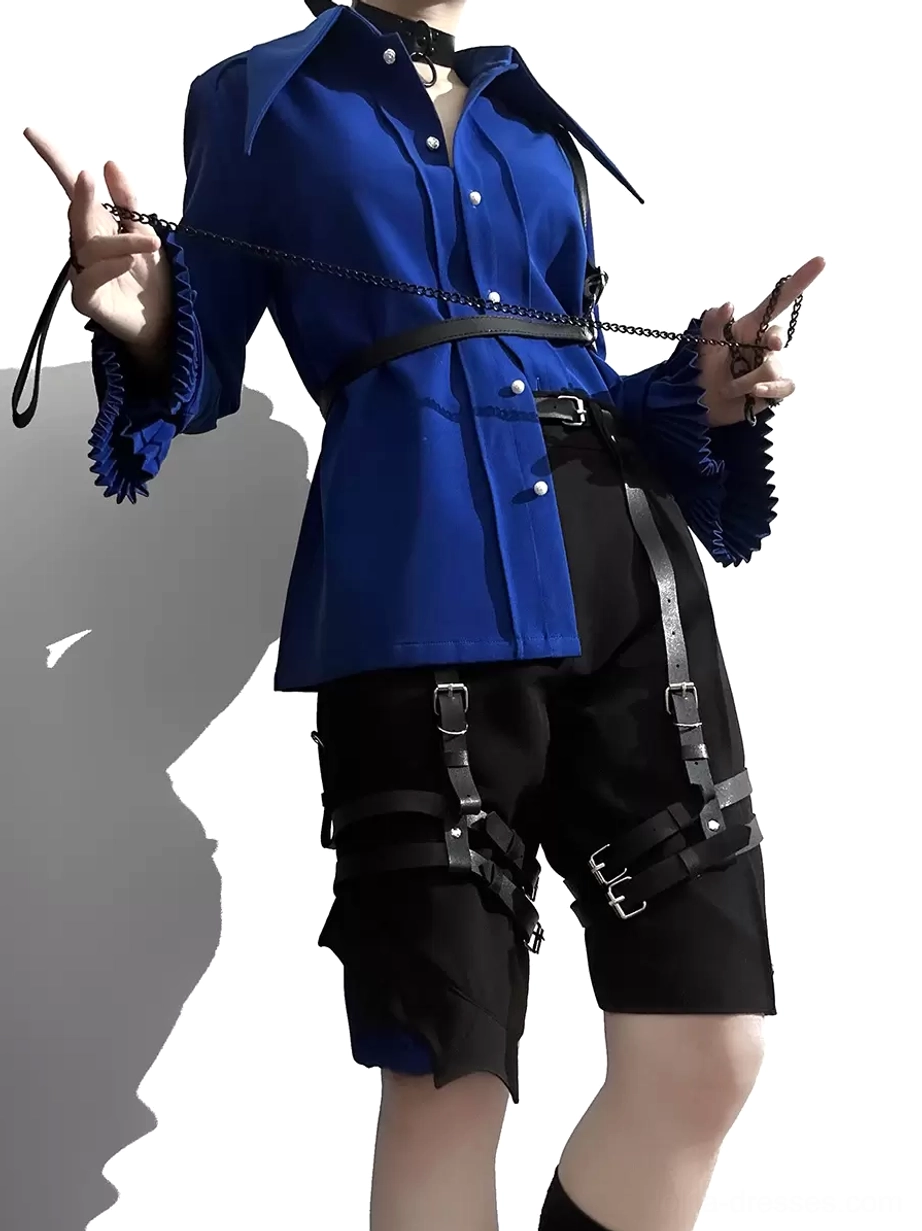 Royal blue Gothic Ouji Lolita blouse with pointed collar and pearl buttons worn by androgynous model with chain harness accessories full-body front view