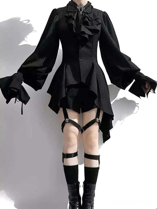 Gothic Ouji Prince black lolita blouse with ruffled collar and bishop sleeves front view on headless mannequin with leg harness socks and boots