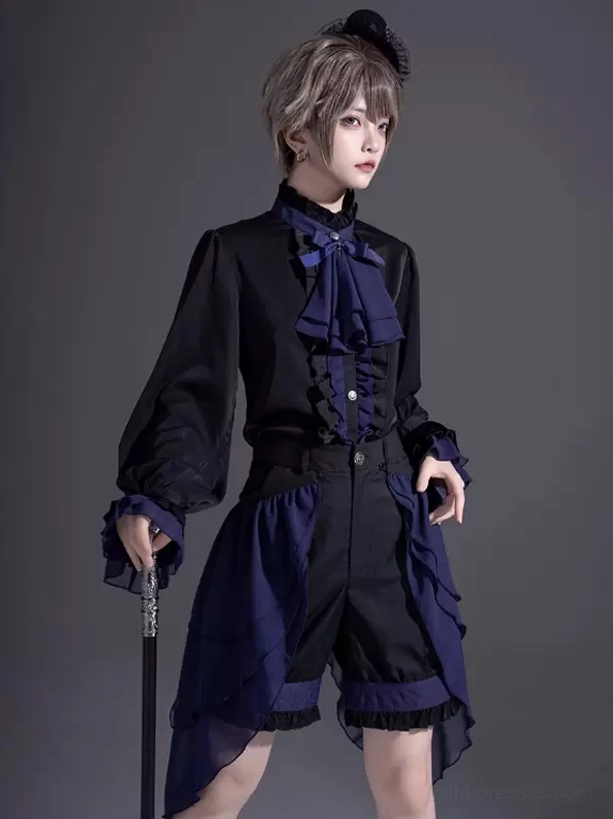 Gothic Ouji Lolita blouse front ruffled placket navy bow tie lantern cuffs high-low ruffled bottoms three-quarter view