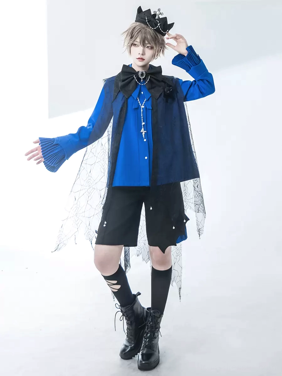 Gothic Ouji Lolita blouse full outfit standing front view web-patterned cape asymmetrical hem shorts combat boots crown headpiece