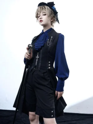 Ouji lolita gothic cardigan vest upper body detail shot ruffled neckwear formal styling
