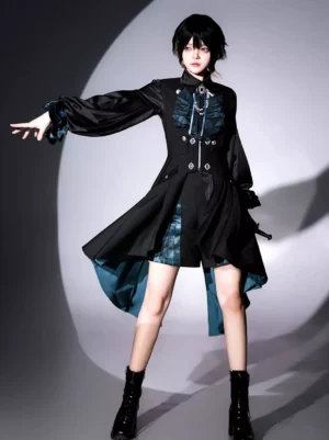 Gothic Ouji Lolita dress set with asymmetrical hem, ruffled cravat, and long-sleeved overcoat in black and teal - front full-body view on model