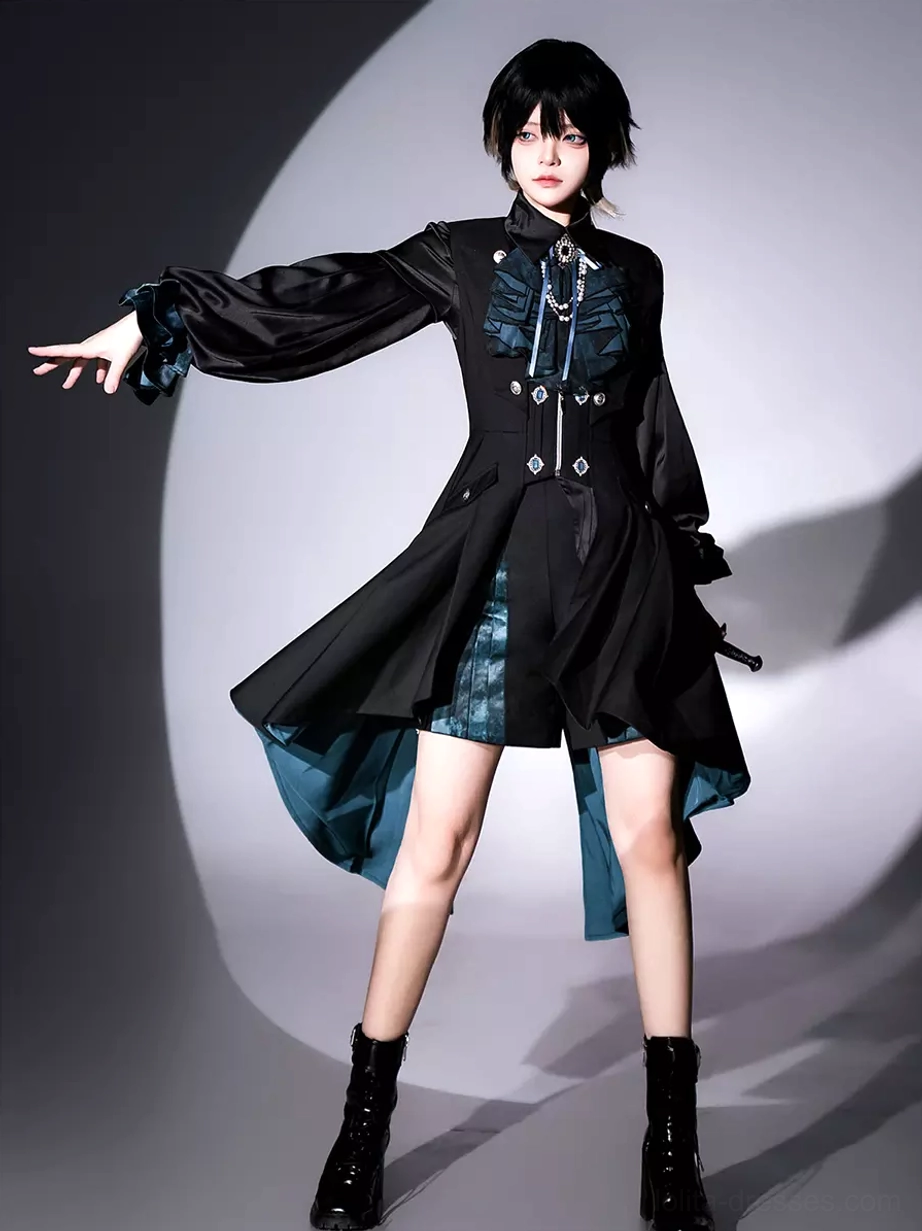 Gothic Ouji Lolita dress set with asymmetrical hem, ruffled cravat, and long-sleeved overcoat in black and teal - front full-body view on model