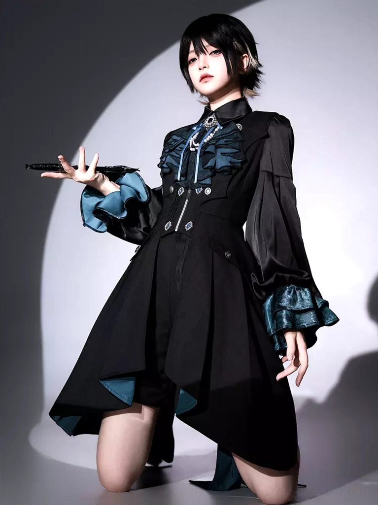 Front three-quarter view of Gothic Ouji Lolita complete ensemble with front zipper closure, metal button decorations, and voluminous satin puff sleeves