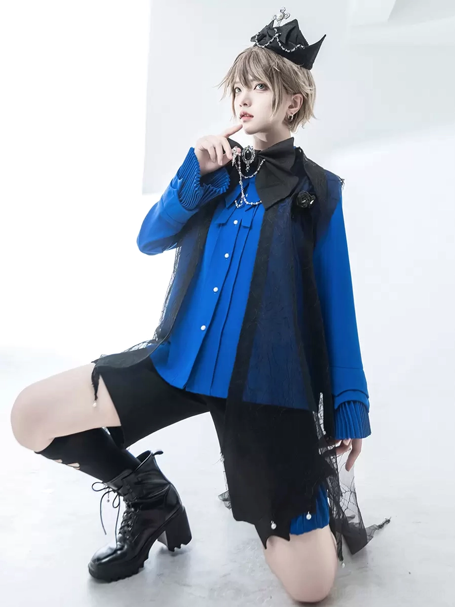 Gothic Ouji Lolita formal blouse outfit set with sheer black vest tulle cape crown tiara combat boots kneeling side angle