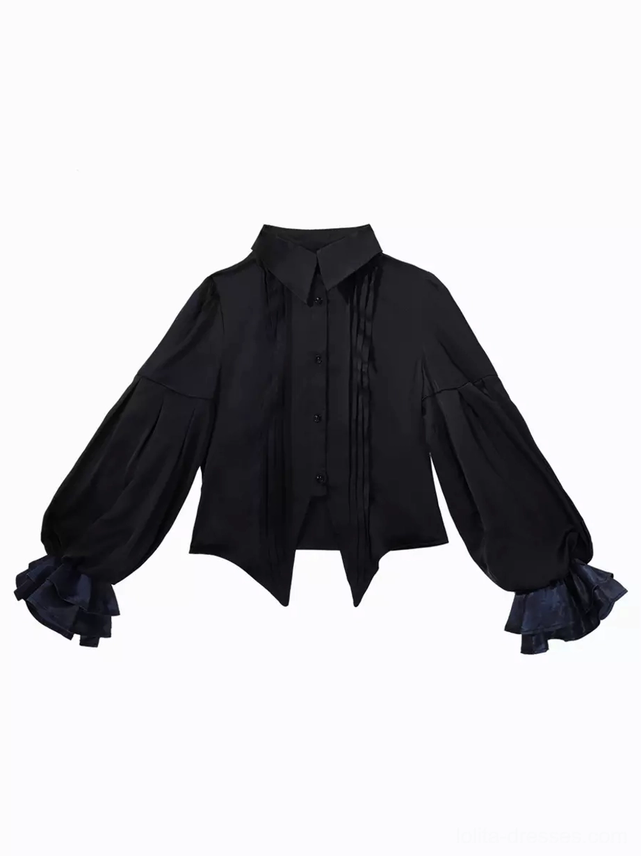 Gothic Ouji Lolita complete outfit featuring black fabric with teal lining, dramatic puff sleeves, ruffled details, and high-fashion alternative aesthetic