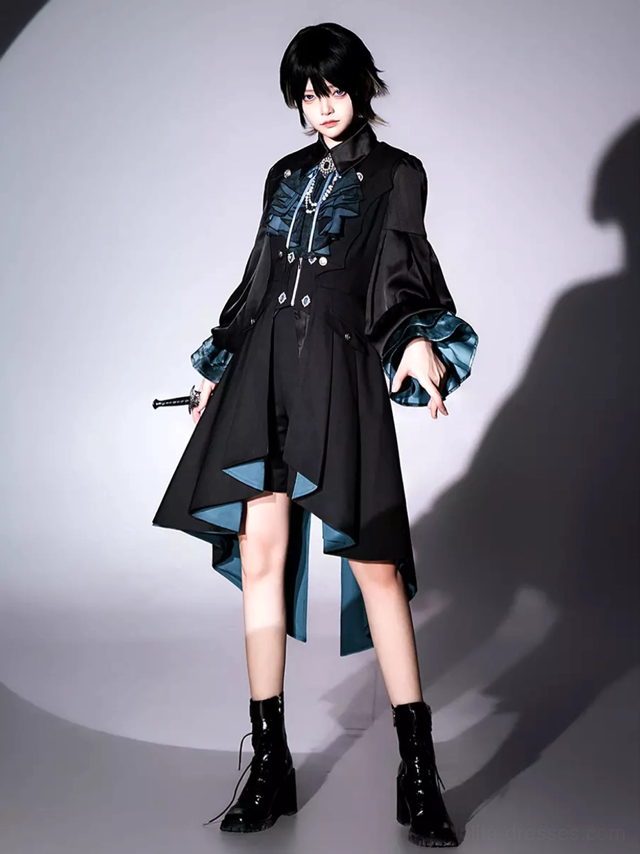 Three-quarter side angle of Gothic Ouji Lolita ensemble showing asymmetrical high-low hem, ruffled cuffs, and structured silhouette with black boots