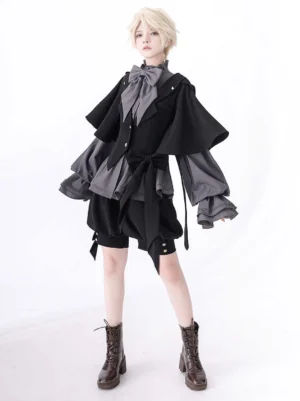 Black Gothic Ouji Lolita overcoat ensemble with tailored layered outfit and decorative front buttons worn with combat boots