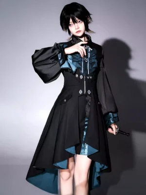 Dark teal satin lining and fitted waistline of Gothic Ouji Lolita overcoat with stand collar and puff sleeves - studio front view