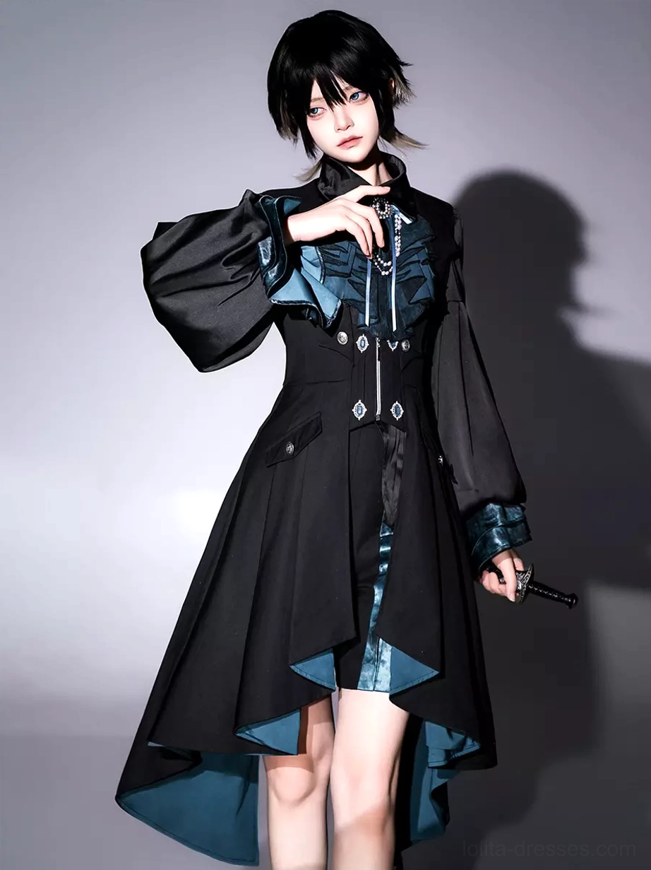 Dark teal satin lining and fitted waistline of Gothic Ouji Lolita overcoat with stand collar and puff sleeves - studio front view