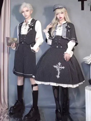 Gothic Ouji Lolita black pinstripe sleeveless vest with buttons front view on model wearing newsboy cap and ruffled lace blouse