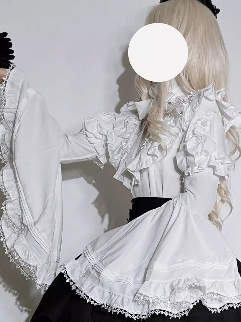Complete Gothic Ouji Lolita coord styling inspiration showing red and white blouse options with black asymmetrical tulle skirt worn ensemble full presentation