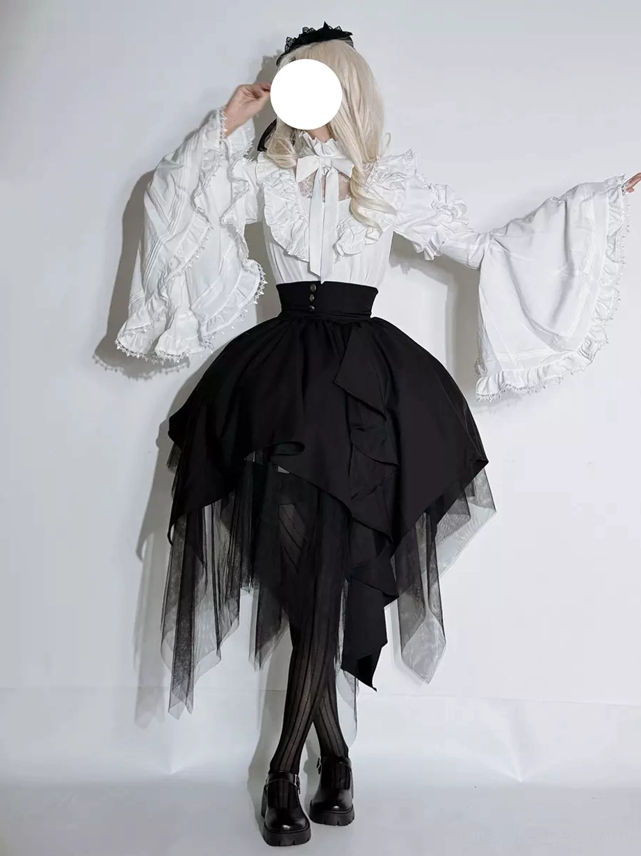 Gothic Ouji Lolita red and white colorway comparison detail showing ruffled blouse construction stand-collar lace paneling and premium fabric quality finishing