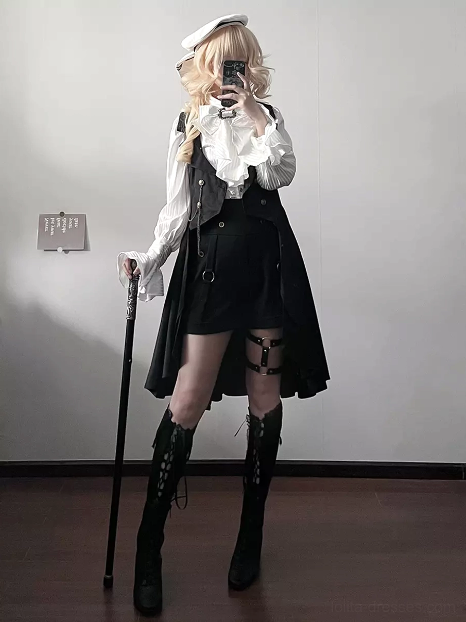 Two-tone Gothic Ouji Lolita shorts outfit white ruffled blouse asymmetrical skirt cane accessory