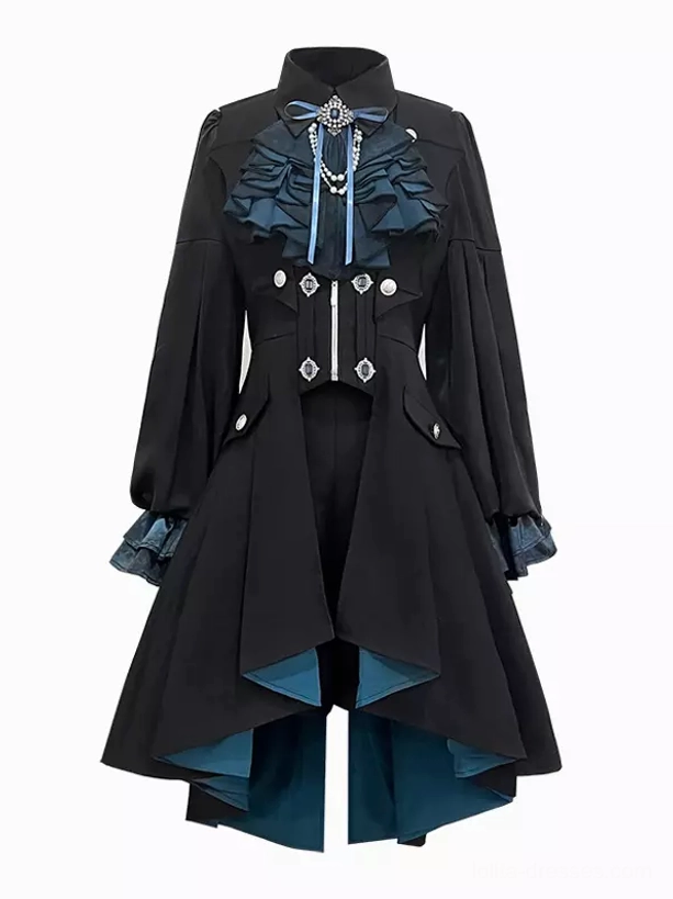Full front hanging view of Gothic Ouji Lolita complete suit in black with deep teal accents, fitted waist, ruffled collar, asymmetric hem design