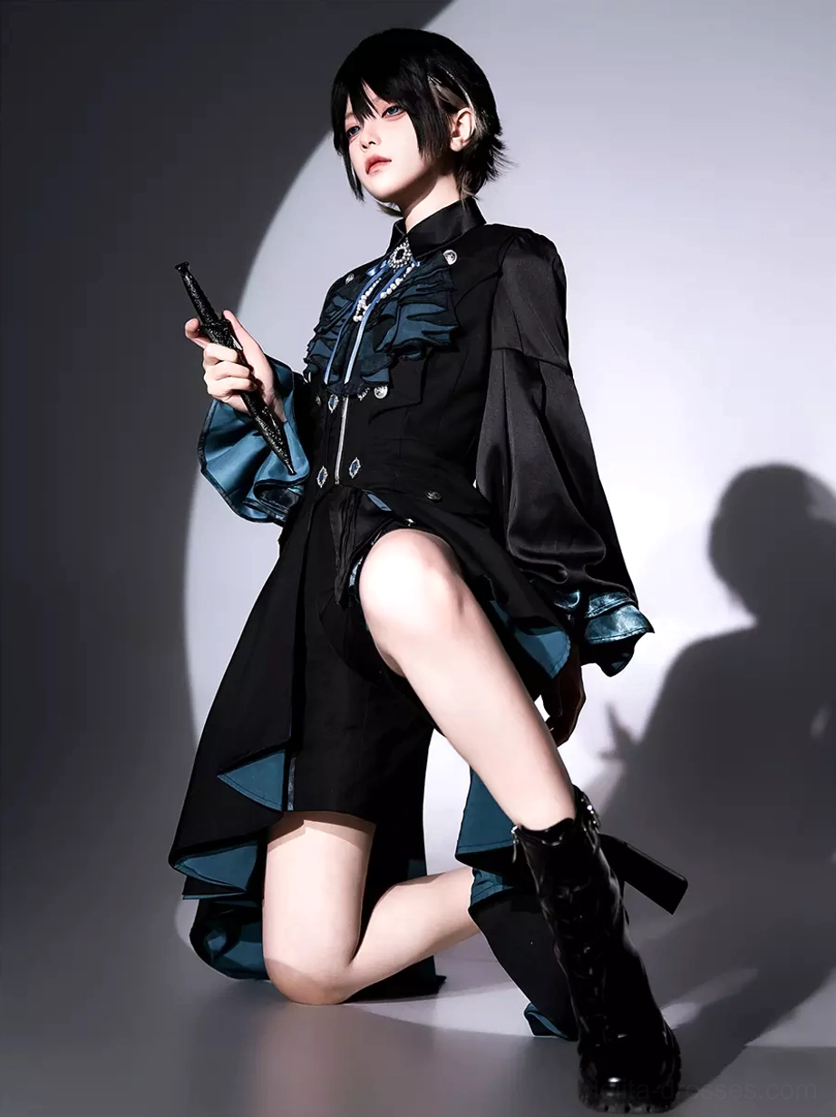 Oblique side profile of Gothic Ouji Lolita dress set featuring ruffled collar, fitted waist, high-low asymmetric hemline, and dramatic silhouette