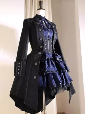 Gothic Lolita formal tailcoat side view showing waist-cinched silhouette ruffled dark blue lace skirt and vintage metal button details