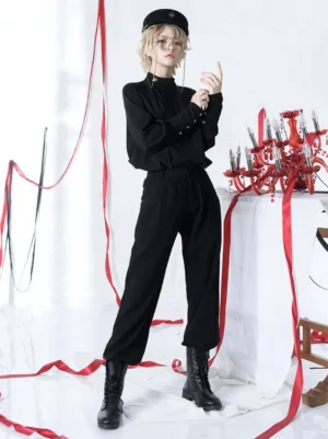 Full-body front view of black Gothic Ouji Lolita straight trousers worn with complete coordinate, featuring high-waisted tailoring and straight leg silhouette