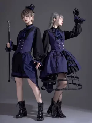 Gothic Ouji Lolita couple costume matching pair featuring dark blue jacquard waistcoat and black accents with top hats front double model view