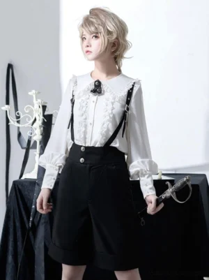 Gothic Ouji Lolita white ruffled lace blouse and black suspender shorts full body coordinate front view aristocratic noble style