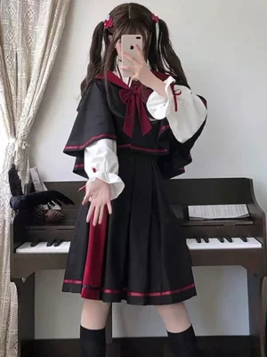 Gothic Ouji outfit ruffled white long sleeves twin-tails female model piano setting no hood front mirror selfie