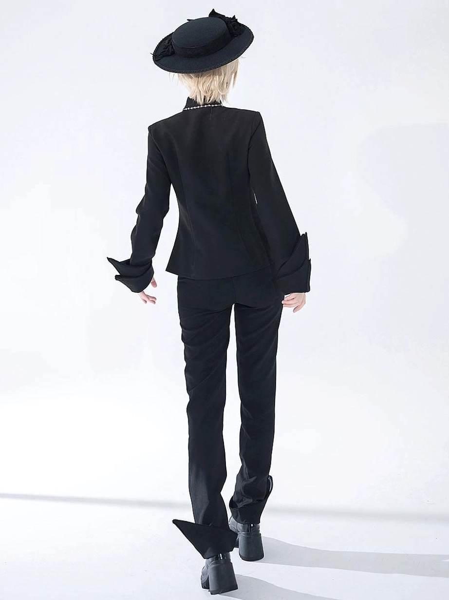 Gothic Ouji pants rear back view model wearing suit bowler hat tailored cuffs back full body perspective