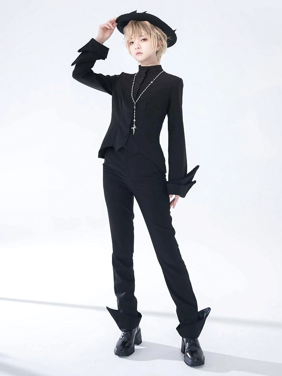 Gothic Ouji coordinate three-quarter view model wearing black pants tailored suit decorative bowler hat pointed cuffs