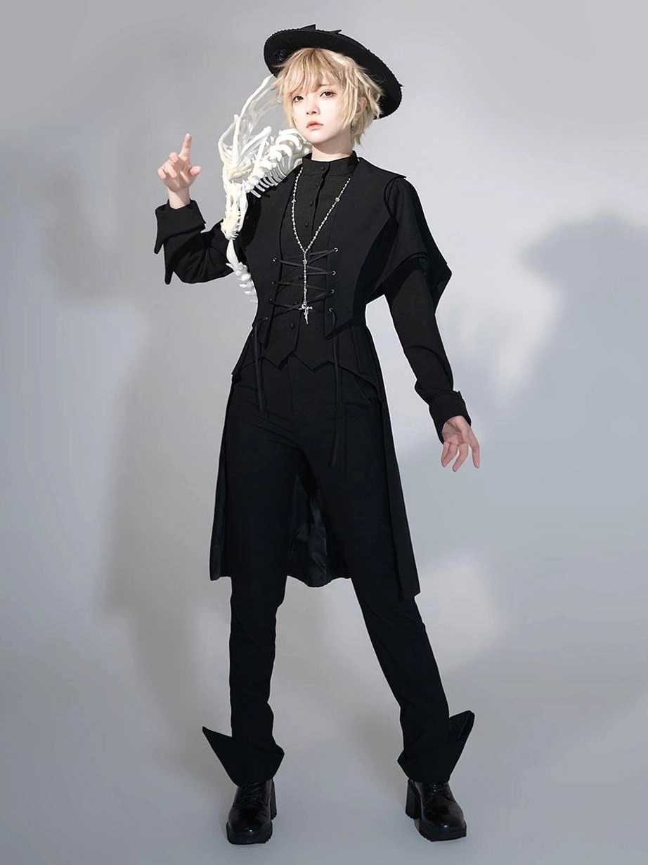 Gothic Ouji tailcoat suit coordinate black pants short-front long-back jacket cross necklace model full body front view